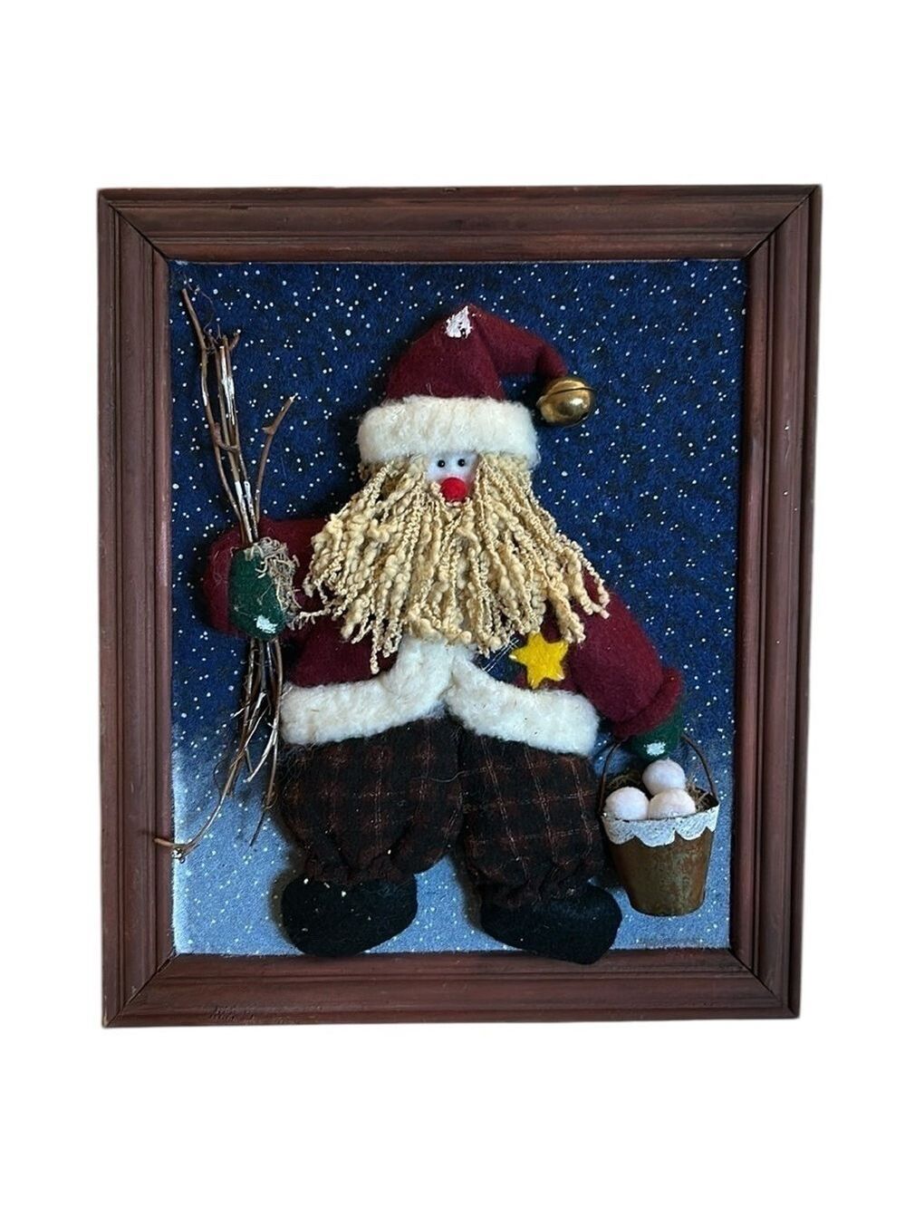 Vintage 3 Dimensional Fabric Santa Wall Hanger with Wooden Frame